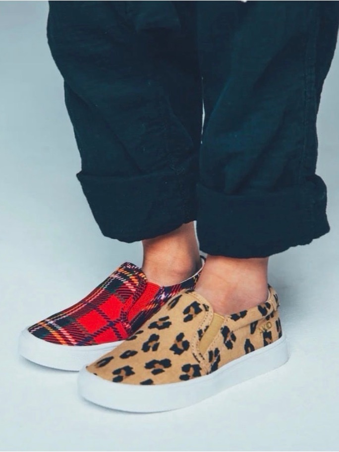 Mixed Print Slip-On Sneakers In Red Plaid And Tan Leopard